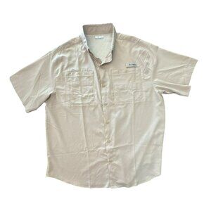 Columbia Mens PFG Shirt XL Tan Vented Short Sleeve Fishing Ripstop Buttons Beige